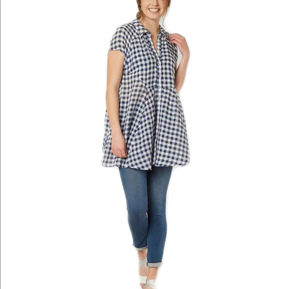 Free People Blue Spring Love Plaid Tunic Top Mini Dress / Size Large
